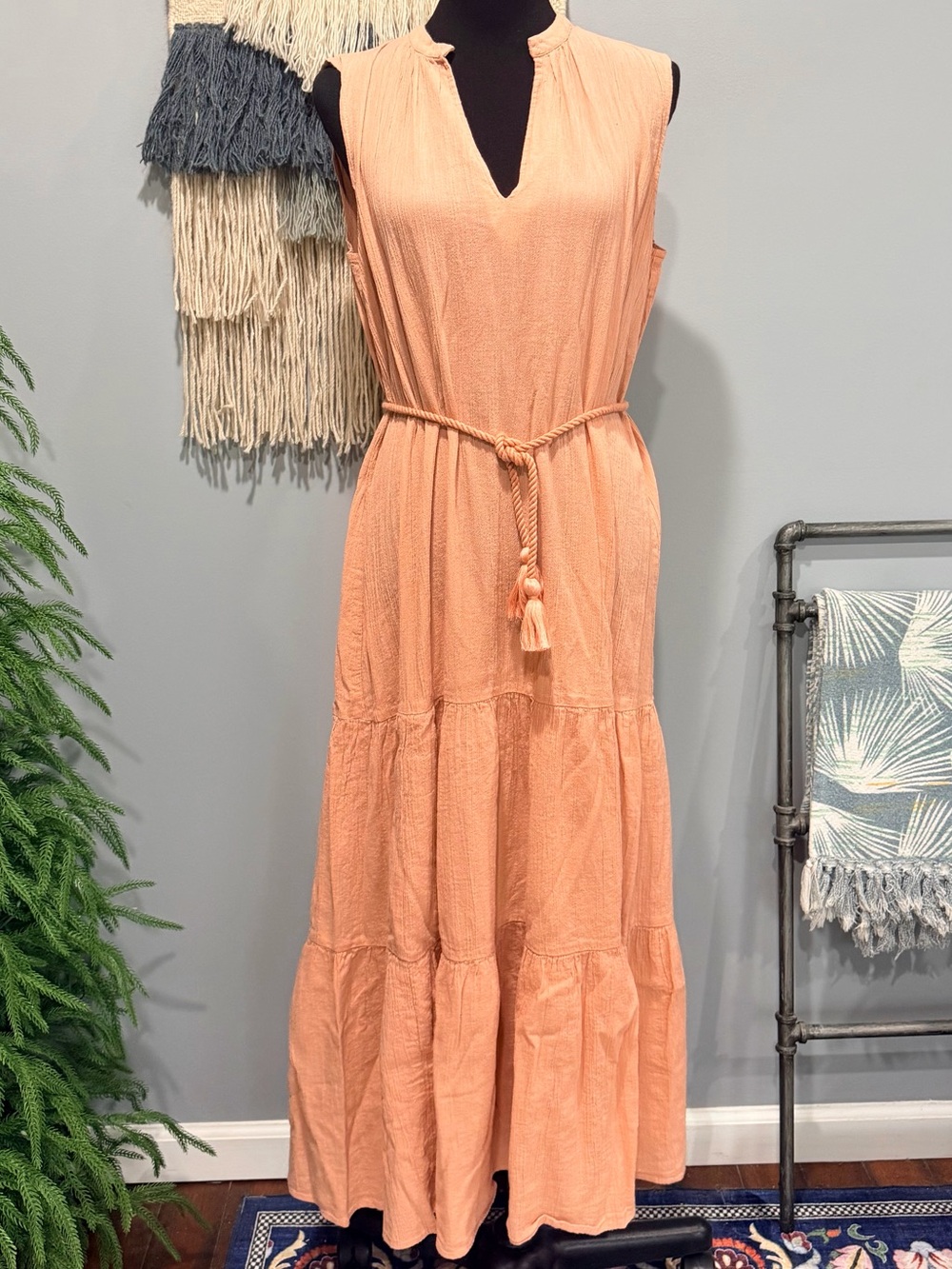 BeachClub Intermix Pink Cotton Gauze Maxi Dress Petite Tiered Sleeveless Boho